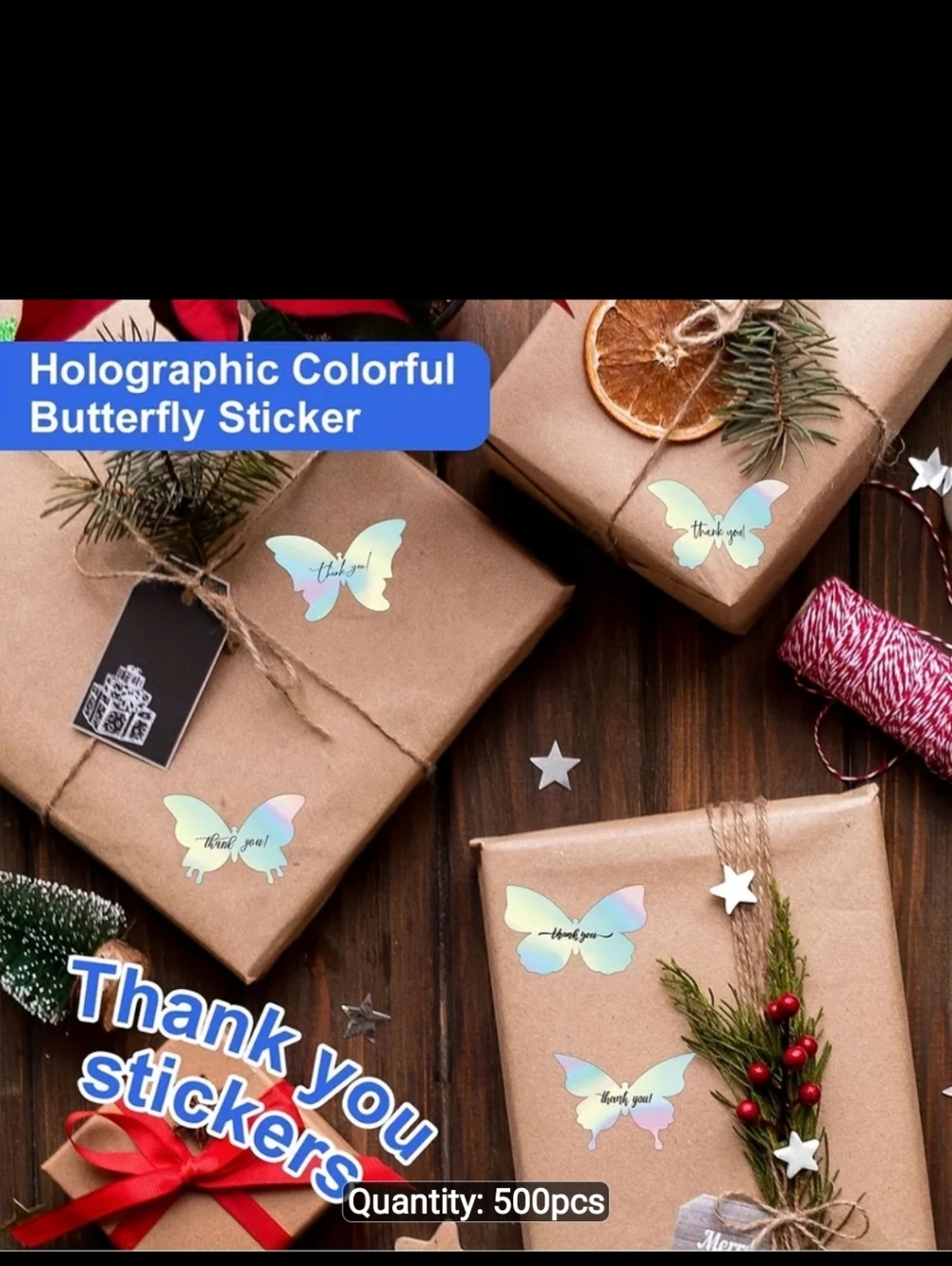 500ct. Holographic Butterfly Thank You Stickers - Bonus 3 Random Polymailers - Picture 3 of 5